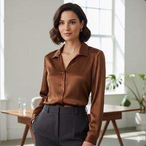 Gianni Petite Copper Satin Long Sleeve Button Up Blouse - Size10P Copper/ Bronze